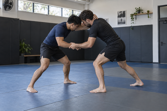 Two no-gi BJJ practitioners working from a balanced standing position