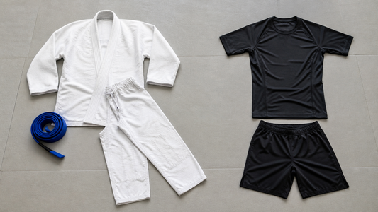 A complete gi uniform beside a no-gi rashguard and grappling shorts