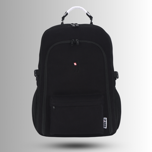 Black Large Graded BJJ backpack with white interchangeable rank straps