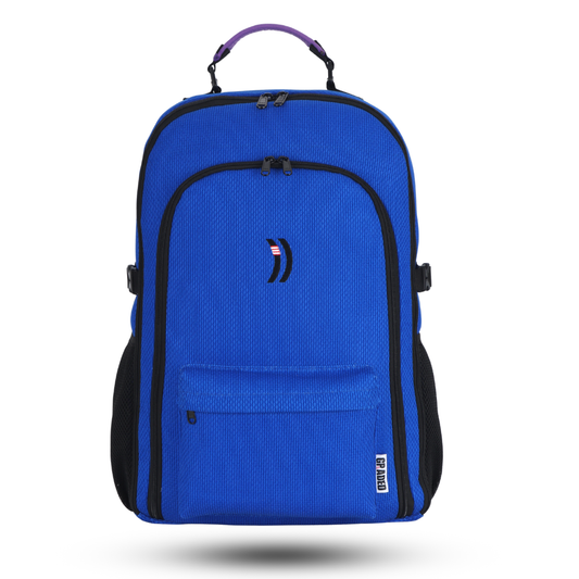 Blue Graded 32L BJJ backpack with purple interchangeable rank straps