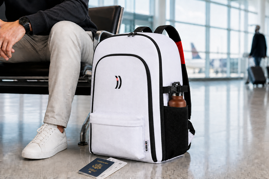 Graded Backpack set up as a BJJ carry-on at an airport gate