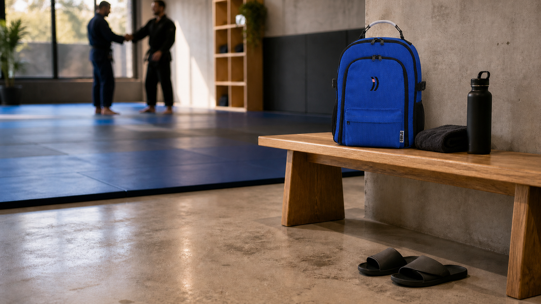 Blue Graded Backpack ready for a BJJ gym drop-in