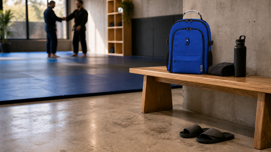 Blue Graded Backpack ready for a BJJ gym drop-in