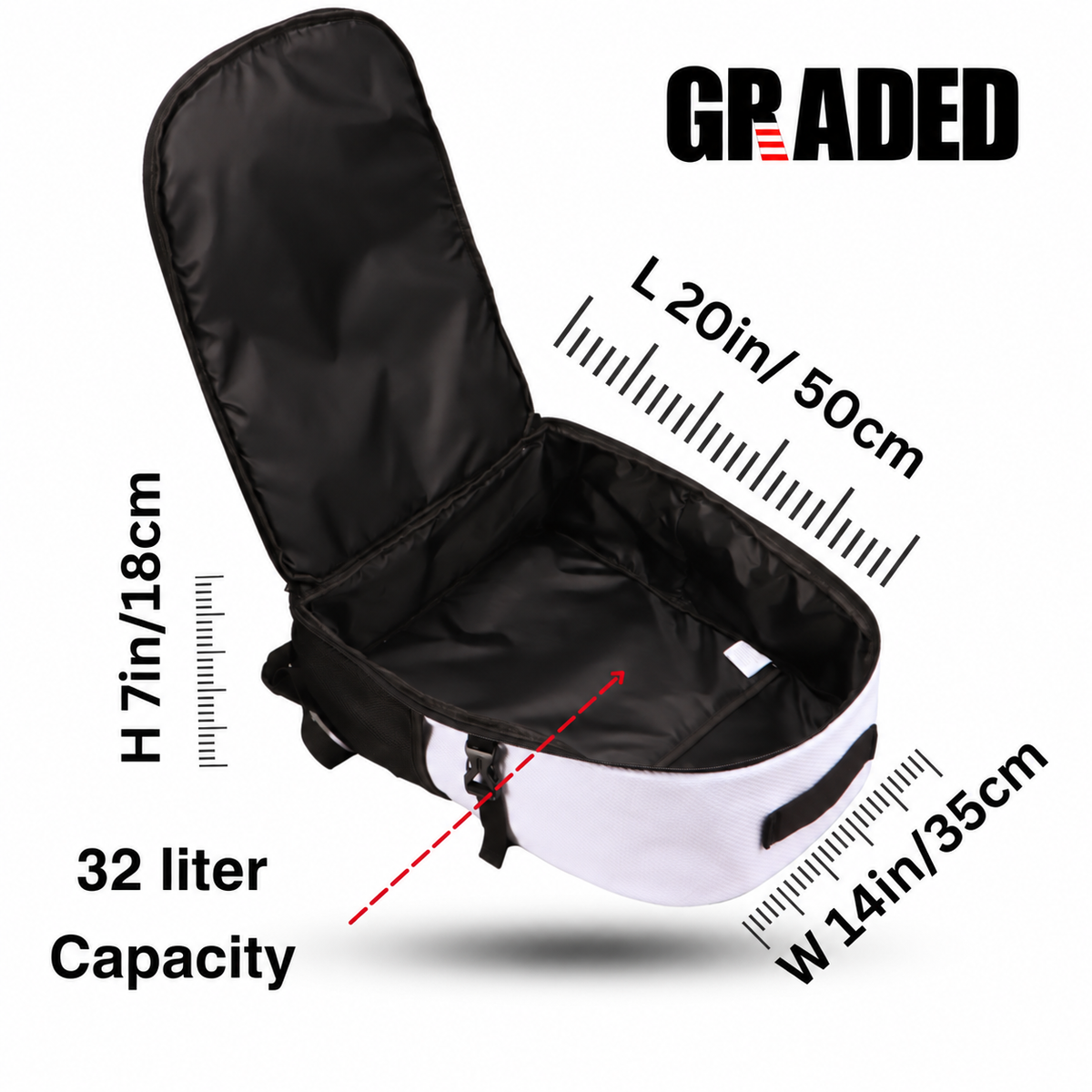Open Large Graded BJJ Backpack measurement graphic showing 20 × 14 × 7 inches and approximately 32 liters of capacity.